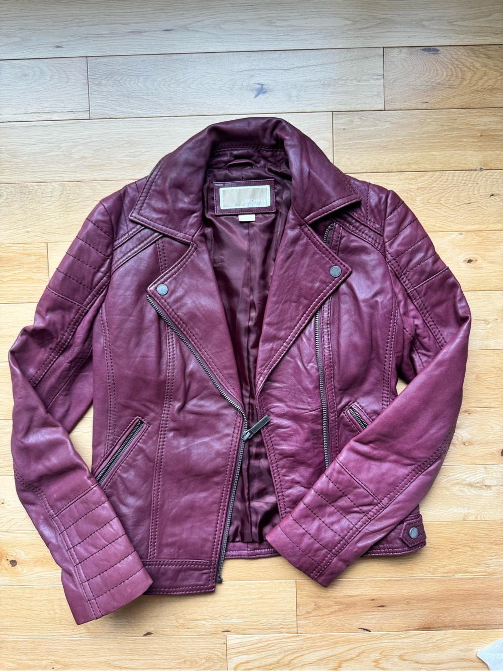 Michael Kors Women's Burgundy Leather Moto Jacket